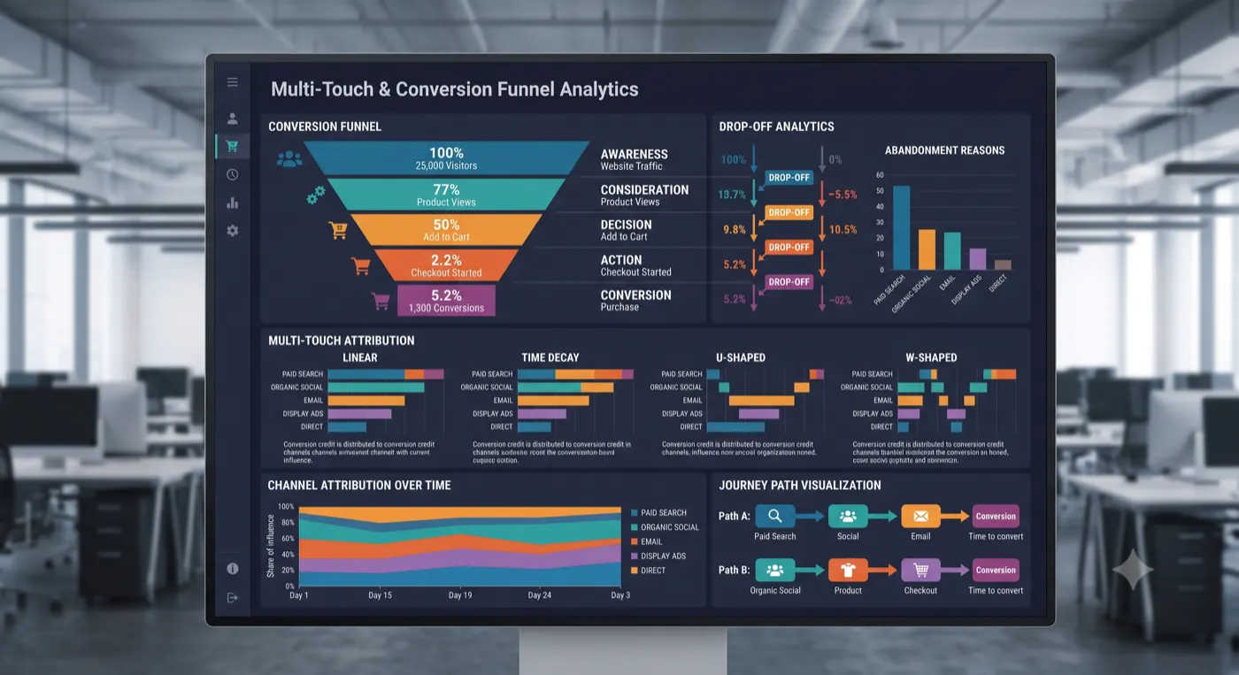 Multi-touch attribution and conversion funnel analytics dashboard