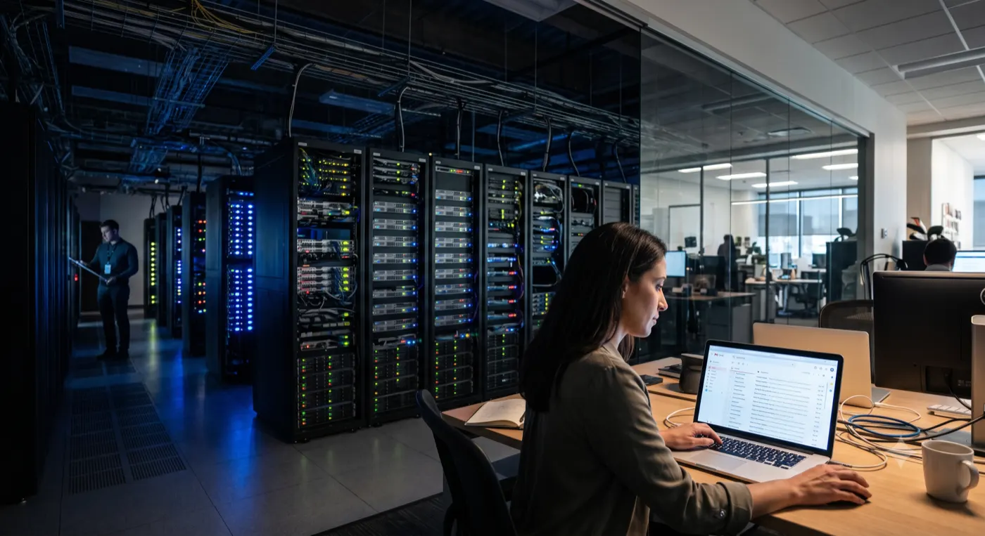 Engineer working beside enterprise server infrastructure
