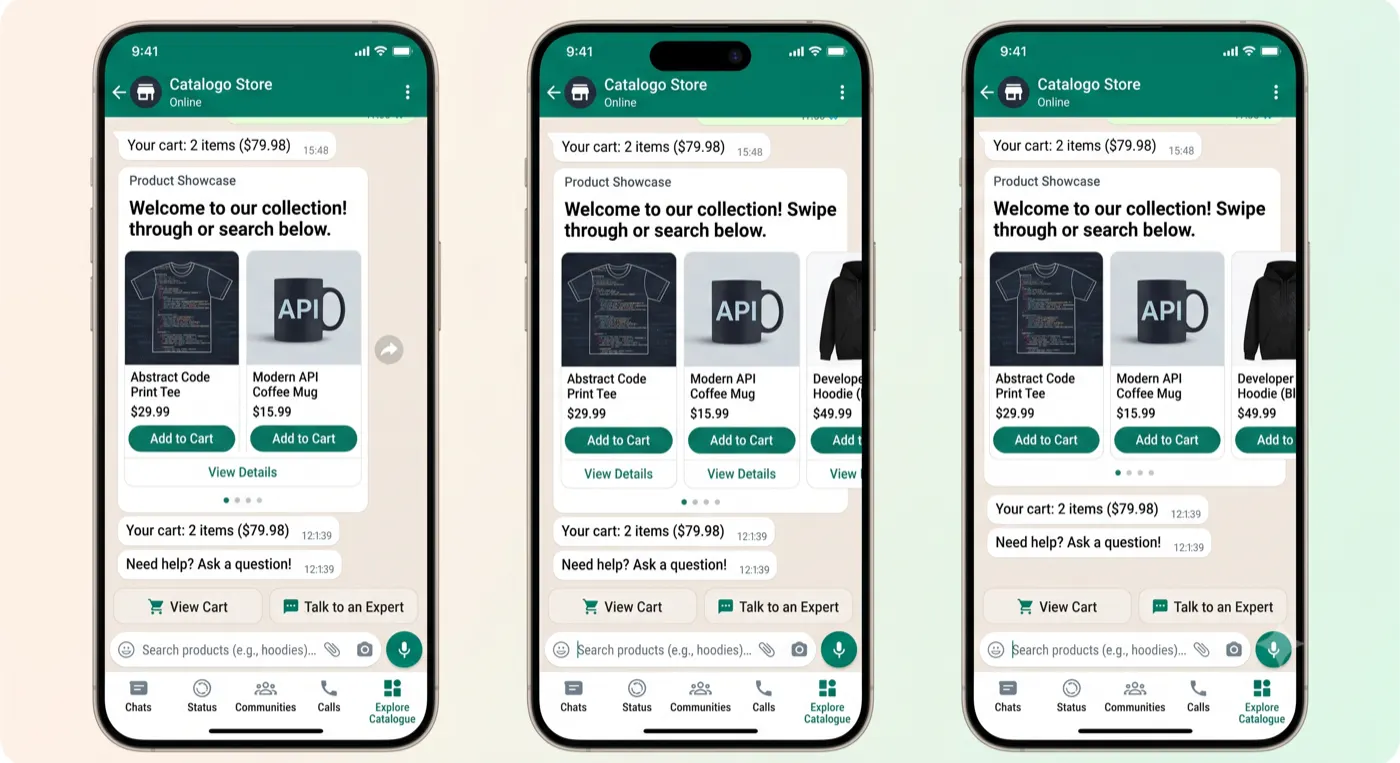 WhatsApp Business catalogue and product carousel on mobile